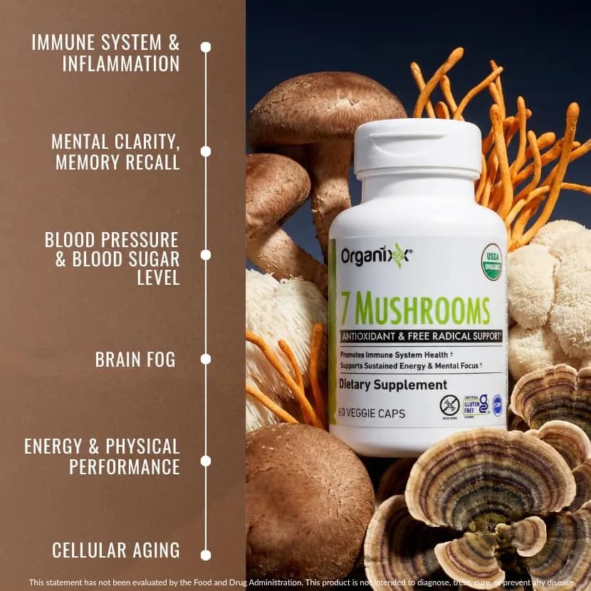 Organixx 7 Mushroom Supplement, Fermented, Immune Support, 60 Caps | USDA Organic & Bioavailable Mushroom Blend thumbnail 7
