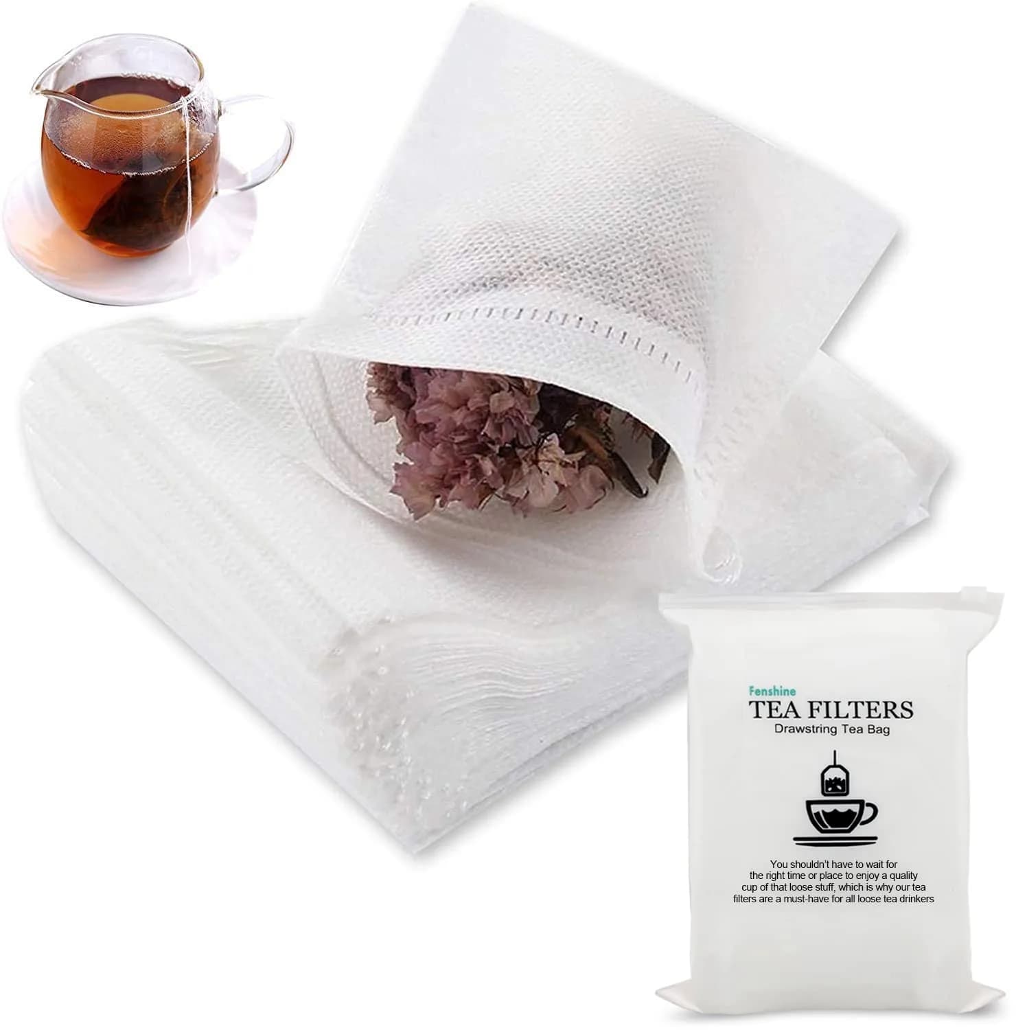 fenshine Disposable Tea Bags 200 pcs | Non-Woven Fabric, Drawstring, 7x9cm, Safe & Portable