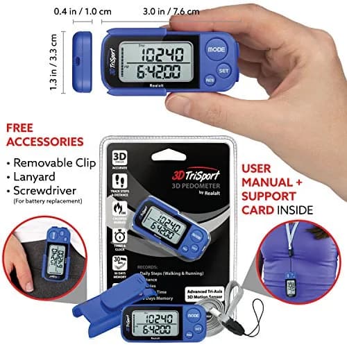Realalt 3DTriSport 3D Pedometer with Clip & Strap, Accurate Step Counter 7.8cm (3") | Tracks Steps, Distance, Calories thumbnail 4