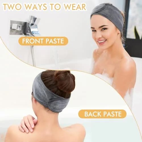 SINLAND Adjustable Spa Facial Headband 3 Pack Grey | Soft Terry Cloth for Face Washing & Makeup thumbnail 3