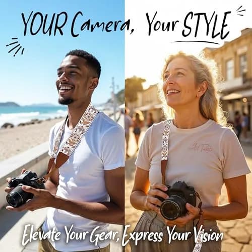Art Tribute Embroidered Cotton & Leather Camera Strap | Padded Neck, Shoulder & Crossbody for All Cameras thumbnail 2