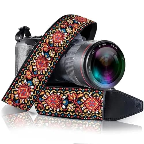 Art Tribute Embroidered Cotton & Leather Camera Strap - Red Woven, Padded Neck, Shoulder & Crossbody Strap for All Cameras | 0.08 kg (0.18 lb) thumbnail 1