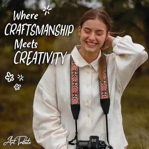 Art Tribute Embroidered Cotton & Leather Camera Strap - Red Woven, Padded Neck, Shoulder & Crossbody Strap for All Cameras | 0.08 kg (0.18 lb) thumbnail 8