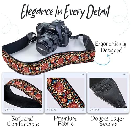 Art Tribute Embroidered Cotton & Leather Camera Strap - Red Woven, Padded Neck, Shoulder & Crossbody Strap for All Cameras | 0.08 kg (0.18 lb) thumbnail 3