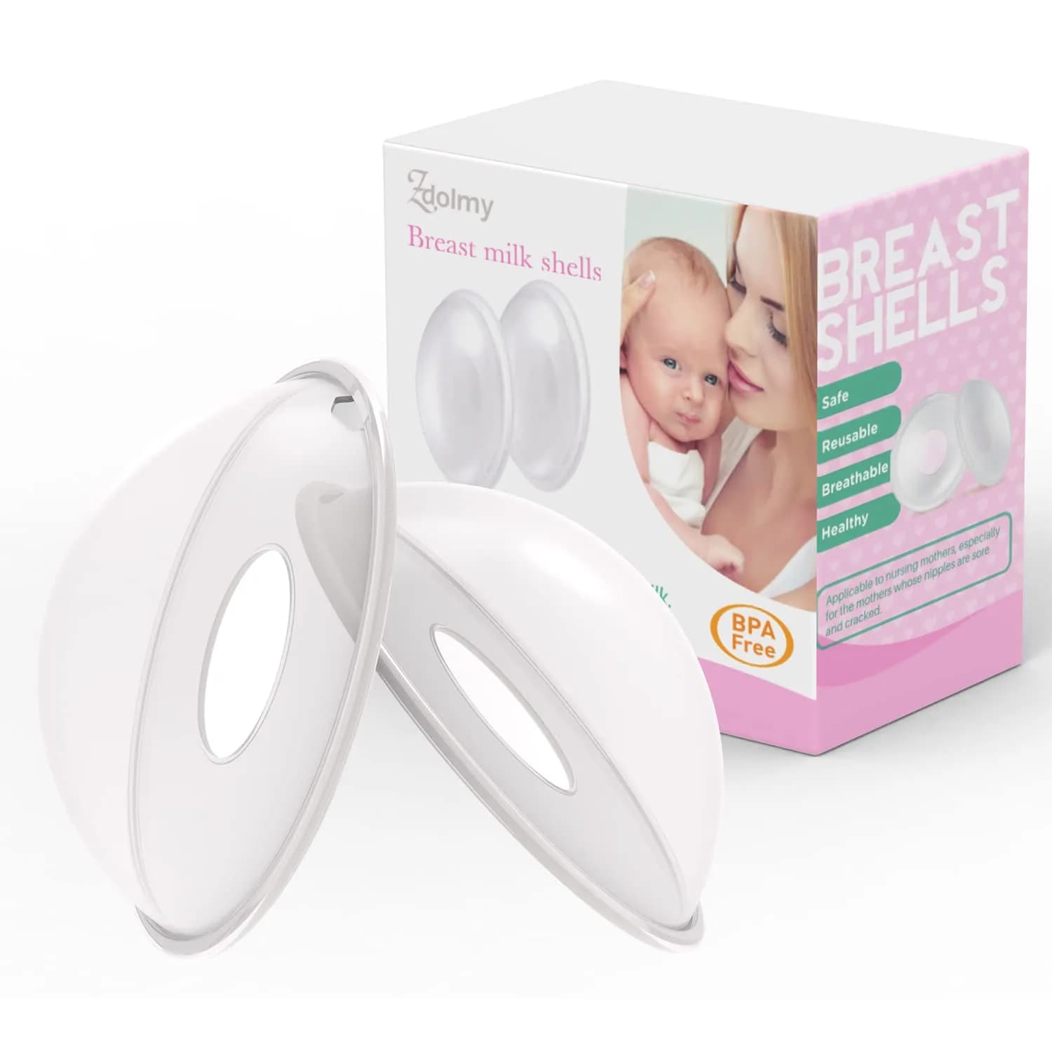 Zdolmy Breast Shells with Plugs, 2 Count (60ml) | Protects Sore Nipples, Collects Leaks — White