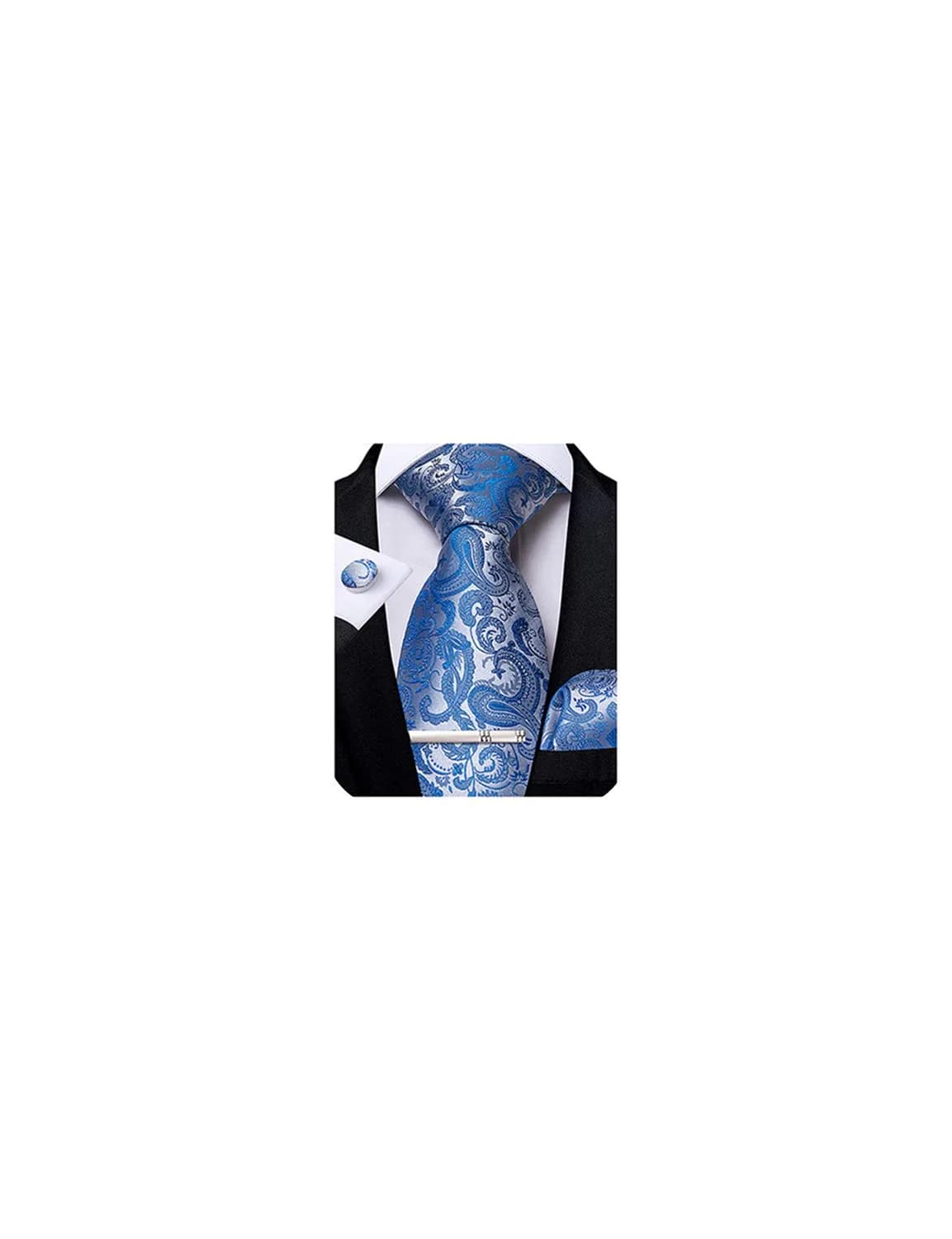 DiBanGu Paisley Silk Necktie and Pocket Square Set with Cufflinks and Tie Clip - Coral Orange (59 inches x 3.15 inches) — 04 Light Blue