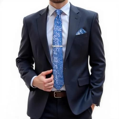 DiBanGu Paisley Silk Necktie and Pocket Square Cufflinks Tie Clip Set for Men | 147 cm (58 inches) x 8 cm (3.15 inches) Light Blue thumbnail 2