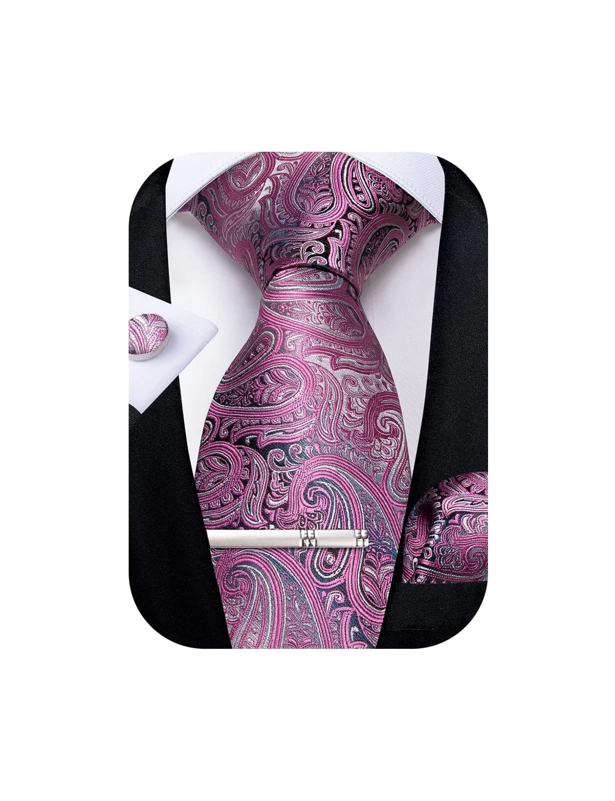 DiBanGu Paisley Silk Necktie and Pocket Square Set with Cufflinks and Tie Clip - Coral Orange (59 inches x 3.15 inches) — 04 Grey Pink