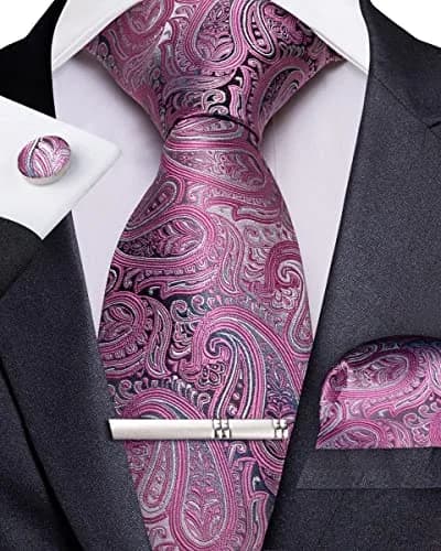 DiBanGu Paisley Silk Necktie & Pocket Square Set | Pink & Grey thumbnail 4