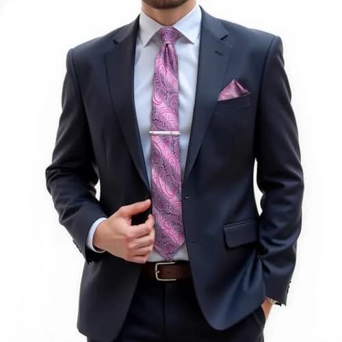 DiBanGu Paisley Silk Necktie & Pocket Square Set | Pink & Grey thumbnail 2