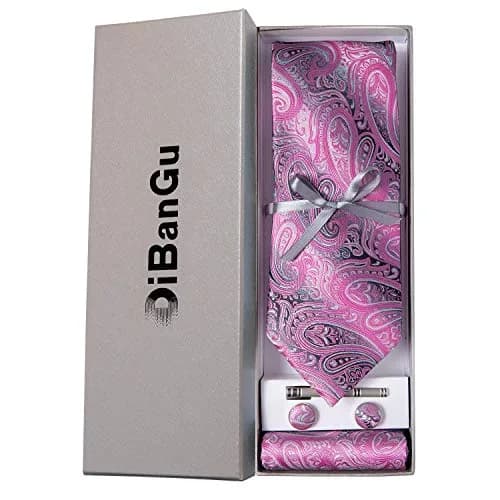 DiBanGu Paisley Silk Necktie & Pocket Square Set | Pink & Grey thumbnail 3