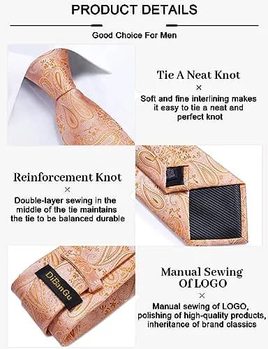 DiBanGu Paisley Silk Necktie and Pocket Square Set with Cufflinks and Tie Clip - Coral Orange (59 inches x 3.15 inches) thumbnail 5