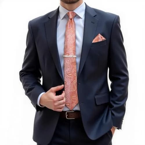 DiBanGu Paisley Silk Necktie and Pocket Square Set with Cufflinks and Tie Clip - Coral Orange (59 inches x 3.15 inches) thumbnail 2