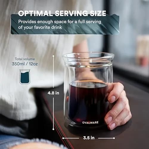 ovalware Double Wall Insulated Glass Cup Set of 2 (350ml / 12oz) | Keeps Drinks Hot or Cold for Hours thumbnail 2