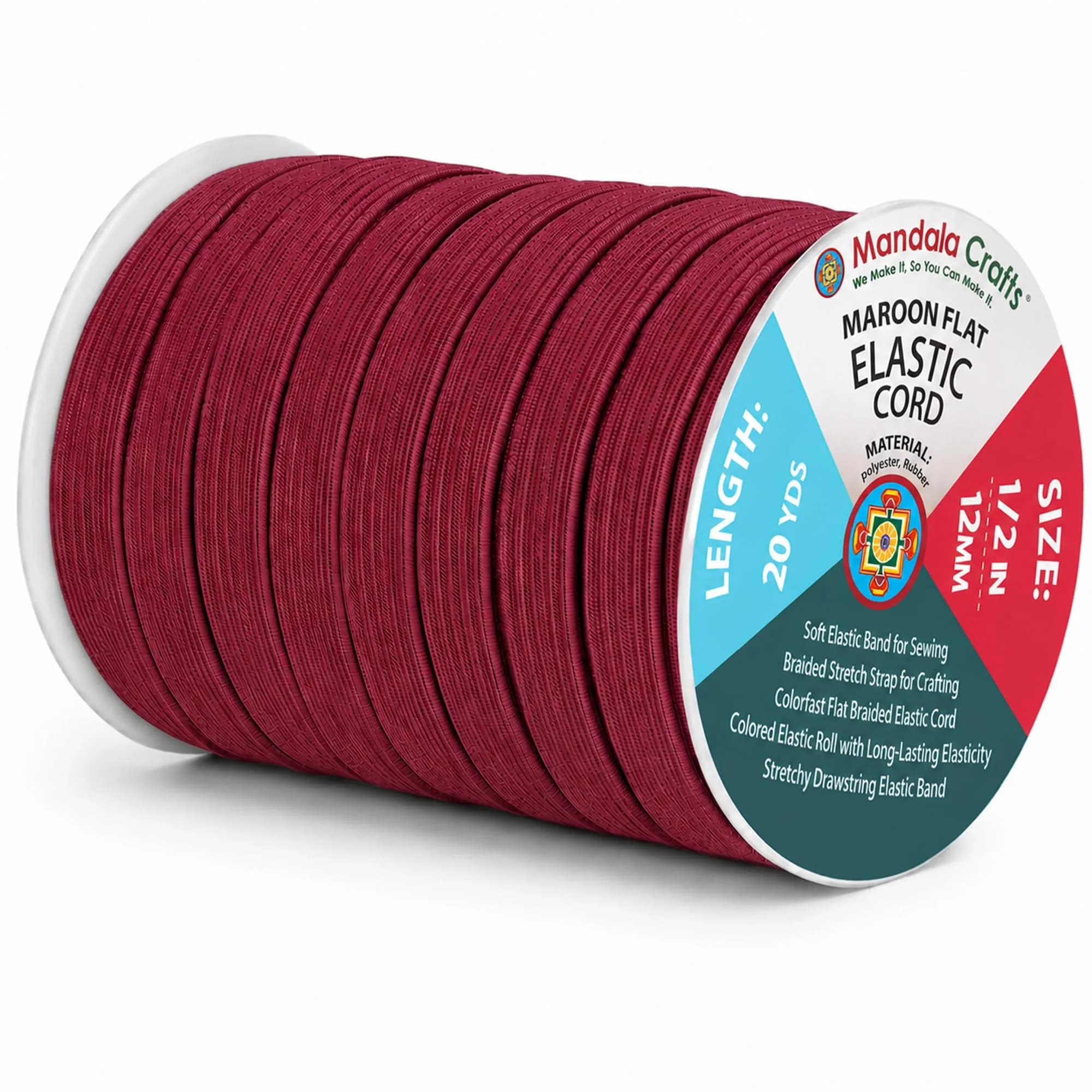 Mandala Crafts 20 Yards 1/2 Inch 12mm Maroon Elastic Bands for Sewing | Resilient & Soft Flat Elastic Cord - main product image