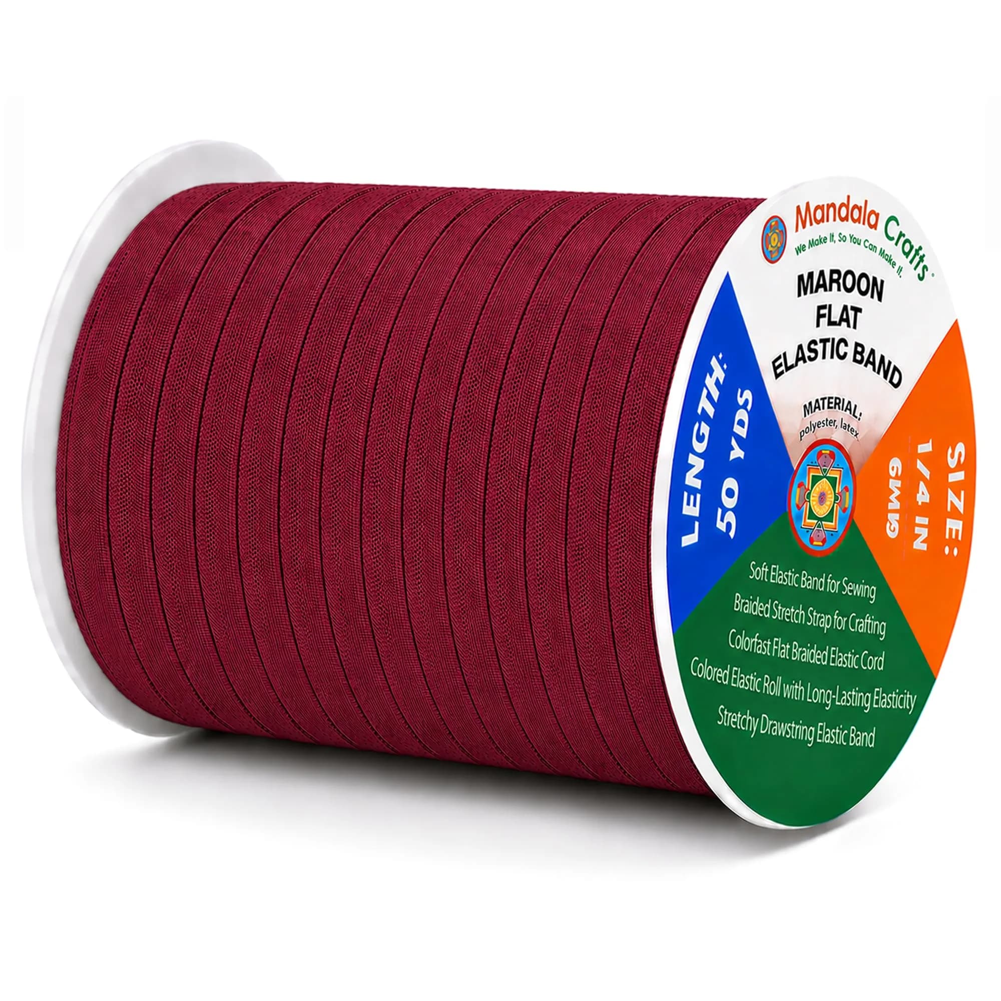 Mandala Crafts 50 Yards ¼ Inch 6mm Maroon Elastic Bands for Sewing | Resilient & Soft Flat Elastic Cord