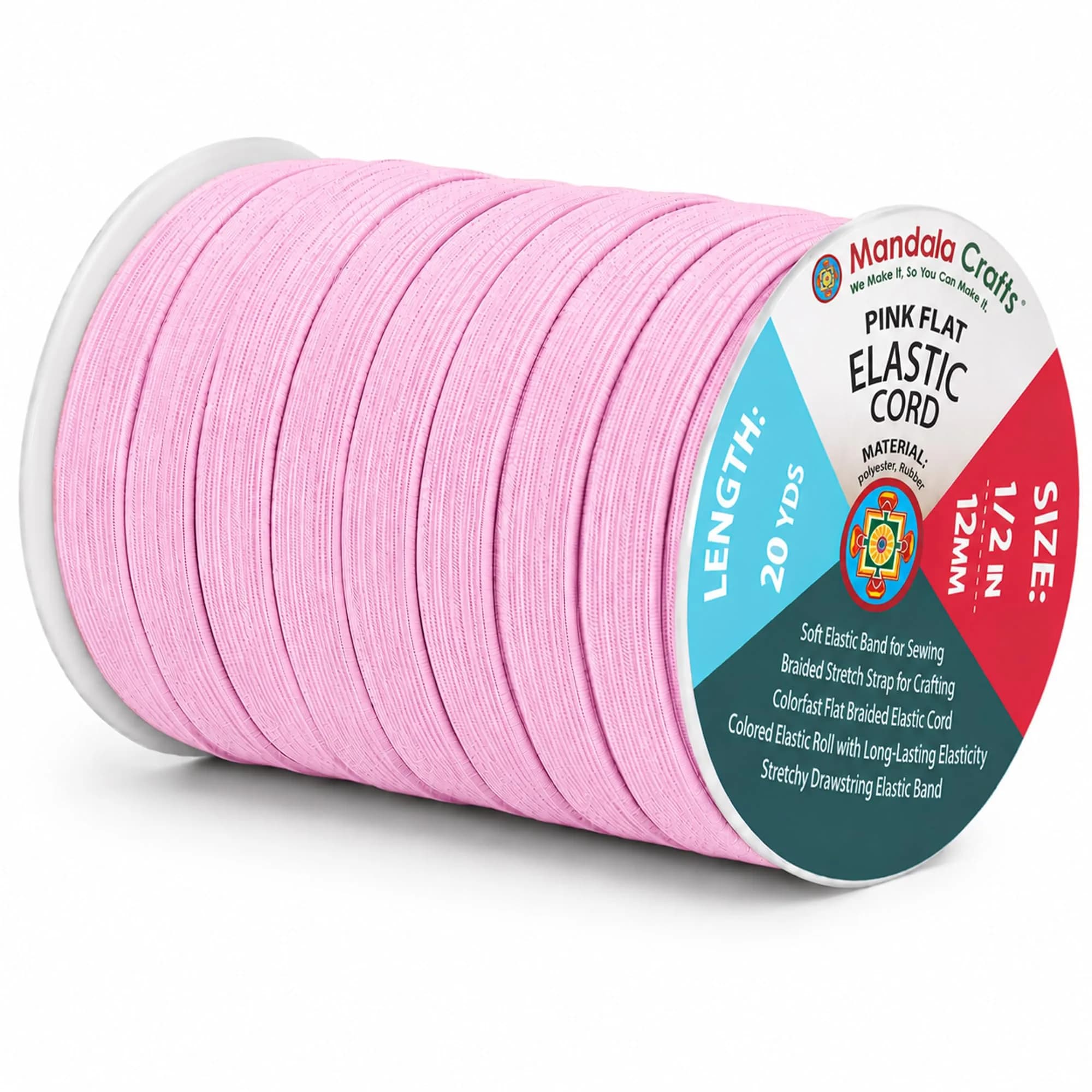 Mandala Crafts Pink Elastic Band 20 Yards 12mm | Resilient, Soft & Versatile for Sewing & Crafts