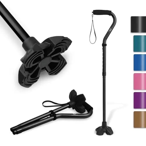 KINGGEAR Folding Walking Cane with Offset Handle & Quad Base, 31-36 inch Adjustable Height | Self-Standing Mobility Aid thumbnail 1