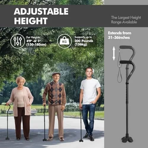 KINGGEAR Folding Walking Cane with Offset Handle & Quad Base, 31-36 inch Adjustable Height | Self-Standing Mobility Aid thumbnail 6