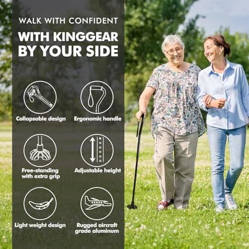 KINGGEAR Folding Walking Cane with Offset Handle & Quad Base, 31-36 inch Adjustable Height | Self-Standing Mobility Aid thumbnail 2