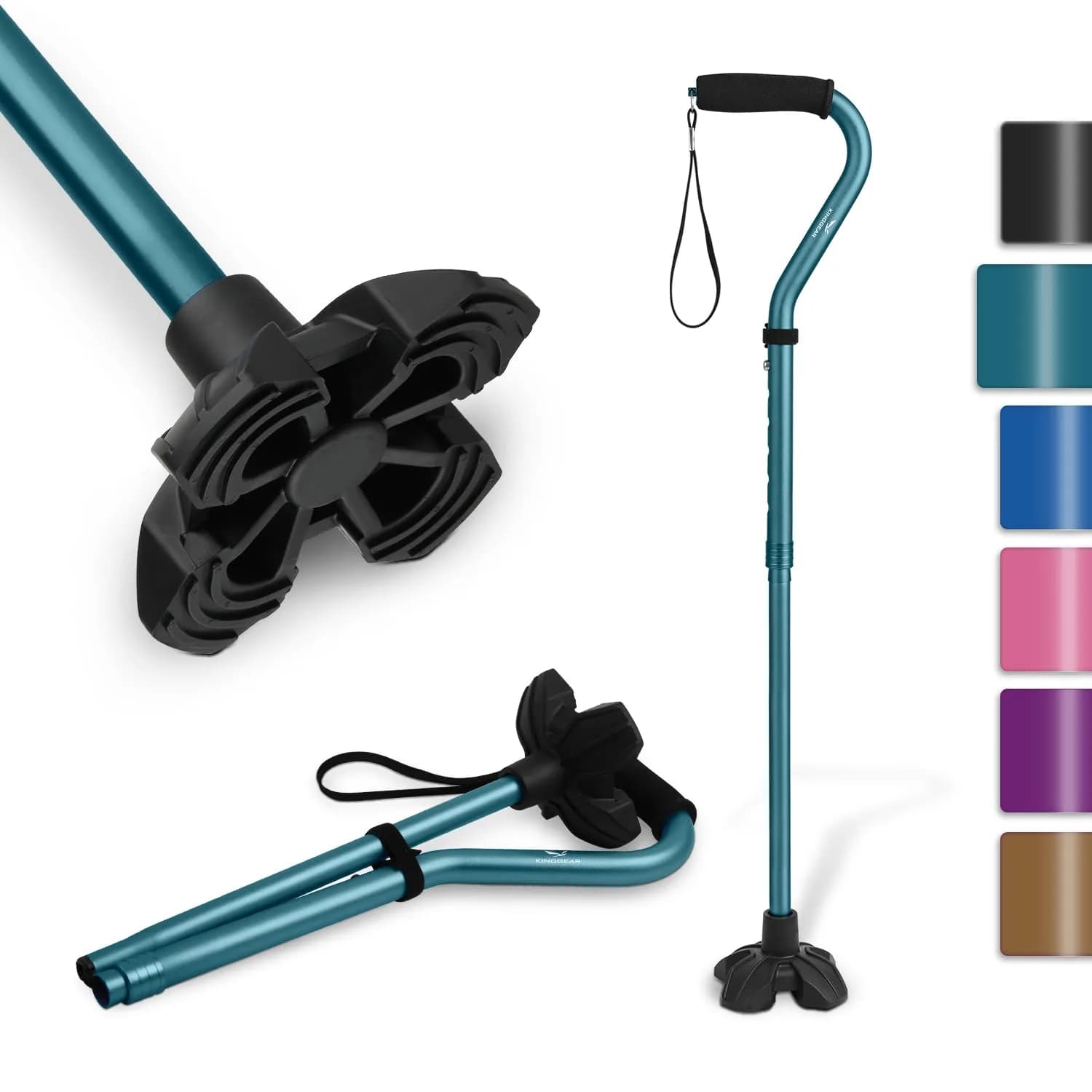 KINGGEAR Folding Walking Cane with Offset Handle & Quad Base, 31-36 inch Adjustable Height | Self-Standing Mobility Aid — Blue