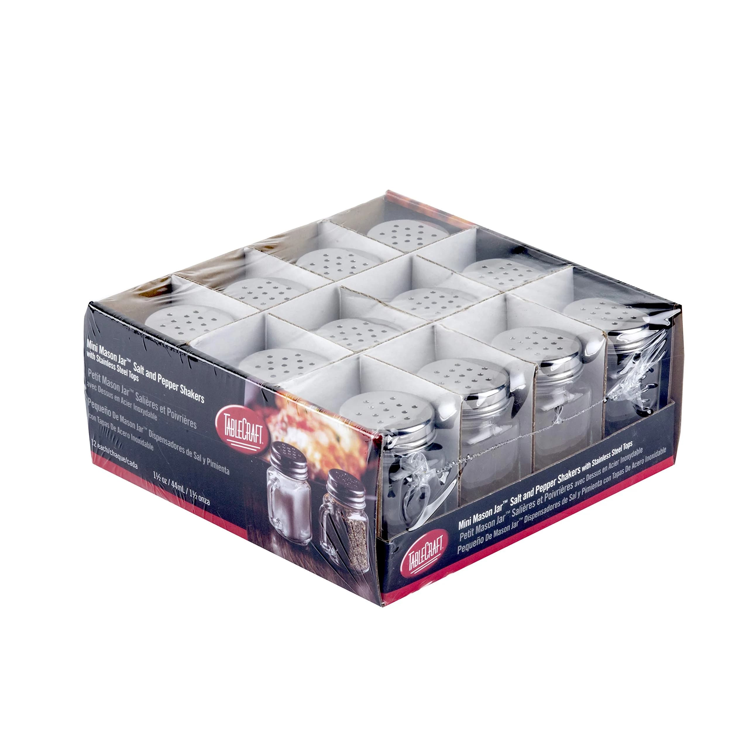 Tablecraft Mini Mason Salt & Pepper Shakers with Stainless Steel Top, 1.5 oz (44ml) each | 12-Pack for Tabletop & Events - main product image