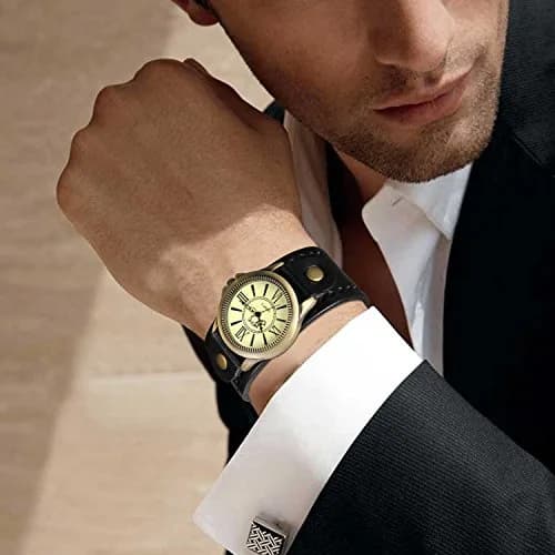 Avaner Retro Steampunk Wide Cuff Analog Quartz Watch for Men & Women | 38mm Case, Black Leather Strap thumbnail 4