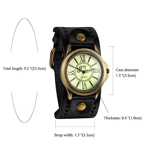 Avaner Retro Steampunk Wide Cuff Analog Quartz Watch for Men & Women | 38mm Case, Black Leather Strap thumbnail 6