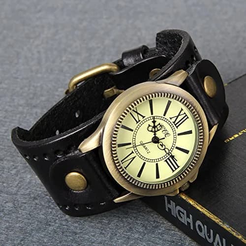 Avaner Retro Steampunk Wide Cuff Analog Quartz Watch for Men & Women | 38mm Case, Black Leather Strap thumbnail 2