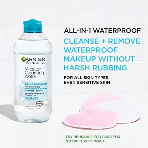 Garnier Micellar Cleansing Water for Waterproof Makeup, Hydrating Facial Cleanser & Makeup Remover, 400mL (13.5 Fl Oz) x 2 | Vegan, Cruelty-Free thumbnail 2
