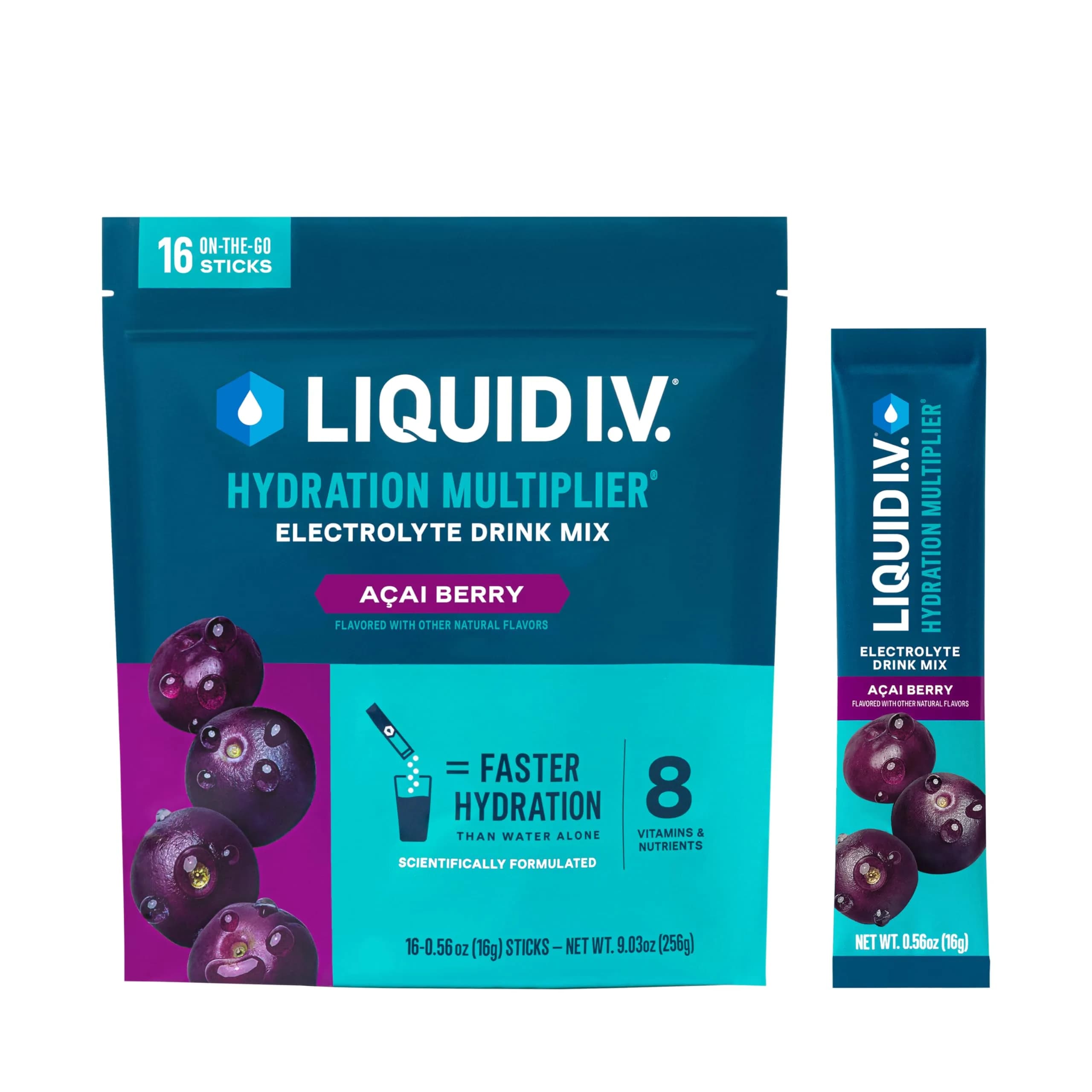 Liquid I.V. Hydration Multiplier Electrolyte Drink Mix, Lemon Lime, 16 Stick Packs (9.03 oz / 256 g) | Clinically Proven Hydration — Acai Berry
