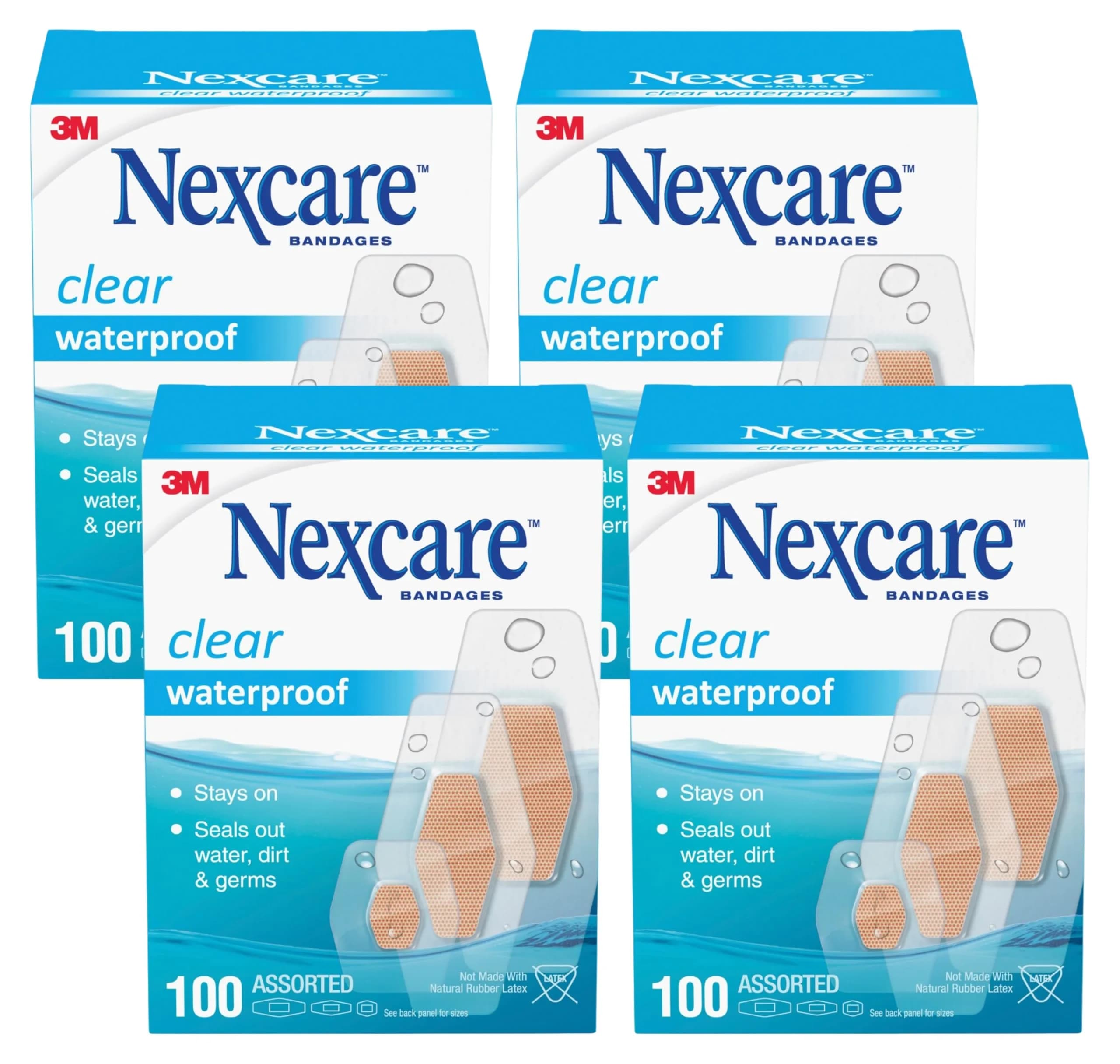 Nexcare Waterproof Clear Bandages Assorted Sizes 100 Count (400 Pieces Total) | 360 Degree Seal for Water, Dirt, Germ Protection