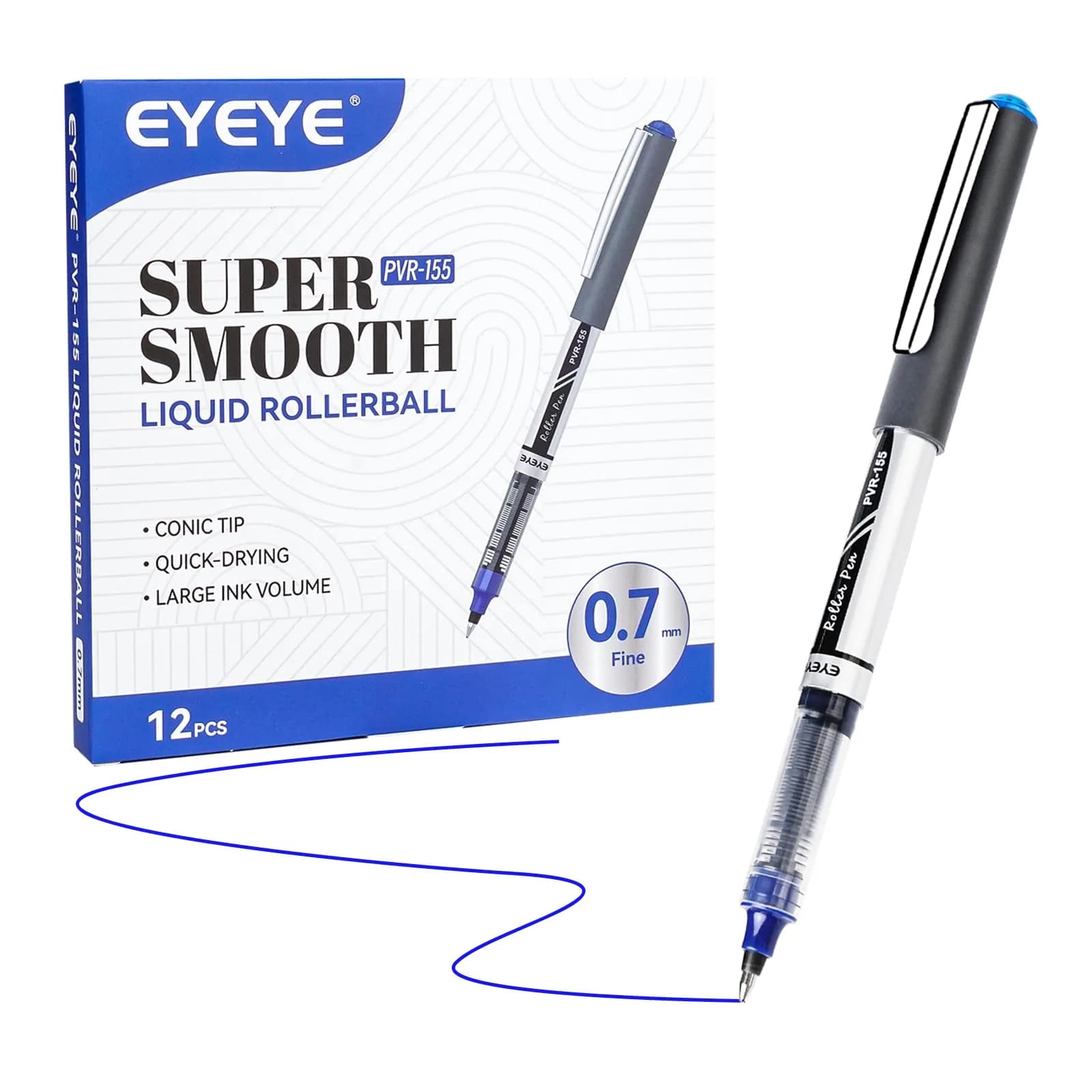 EYEYE Black Rollerball Pens Pack of 12 | 0.7mm Fine Point, Quick Dry, Liquid Ink — Blue