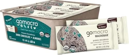 GoMacro Organic Dark Chocolate Almond Macrobar 2.3oz (65g) | 10g Protein Snack Bar — Dark Chocolate + Almonds