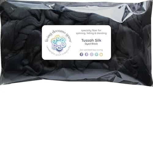 Living Dreams Yarn Glossy Black Tussah Silk Fiber for Spinning, Blending, Felting | Premium Grade, 50g thumbnail 1