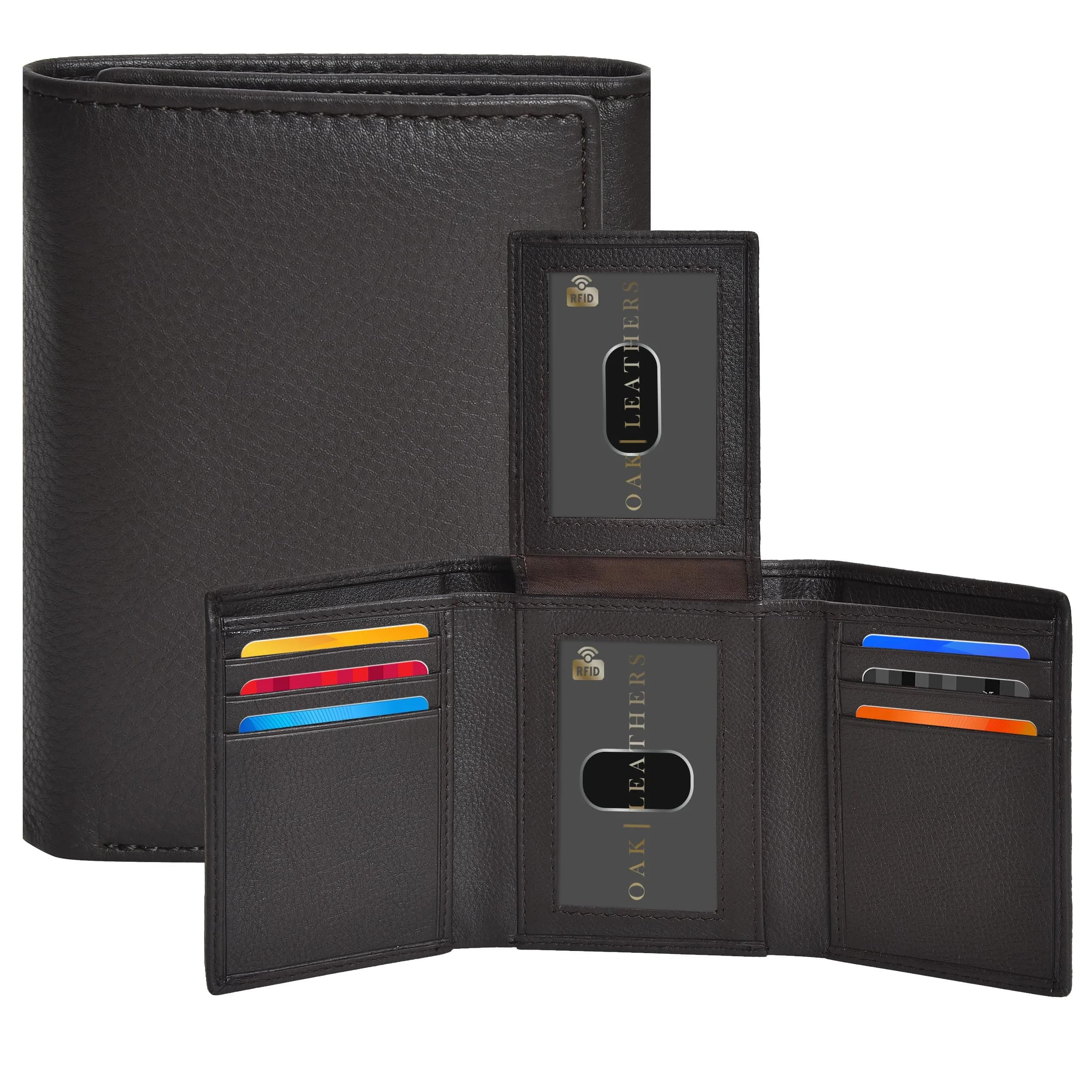 Oak Leathers Trifold Wallet for Men Blue RFID Blocking Slim with ID Window, Gift Box 12.7cm x 13.2cm (5" x 5.2") — Dark Brown