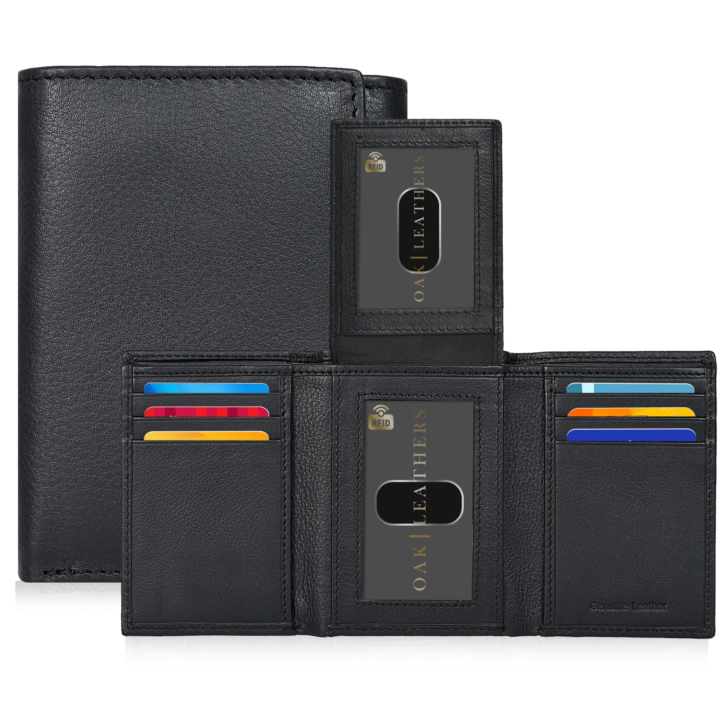 Oak Leathers RFID Blocking Trifold Wallet for Men | Genuine Leather, Slim Design, 9 Card Slots, Gift Box — Jet Black
