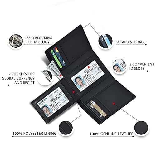 Oak Leathers RFID Blocking Trifold Wallet for Men | Genuine Leather, Slim Design, 9 Card Slots, Gift Box thumbnail 2