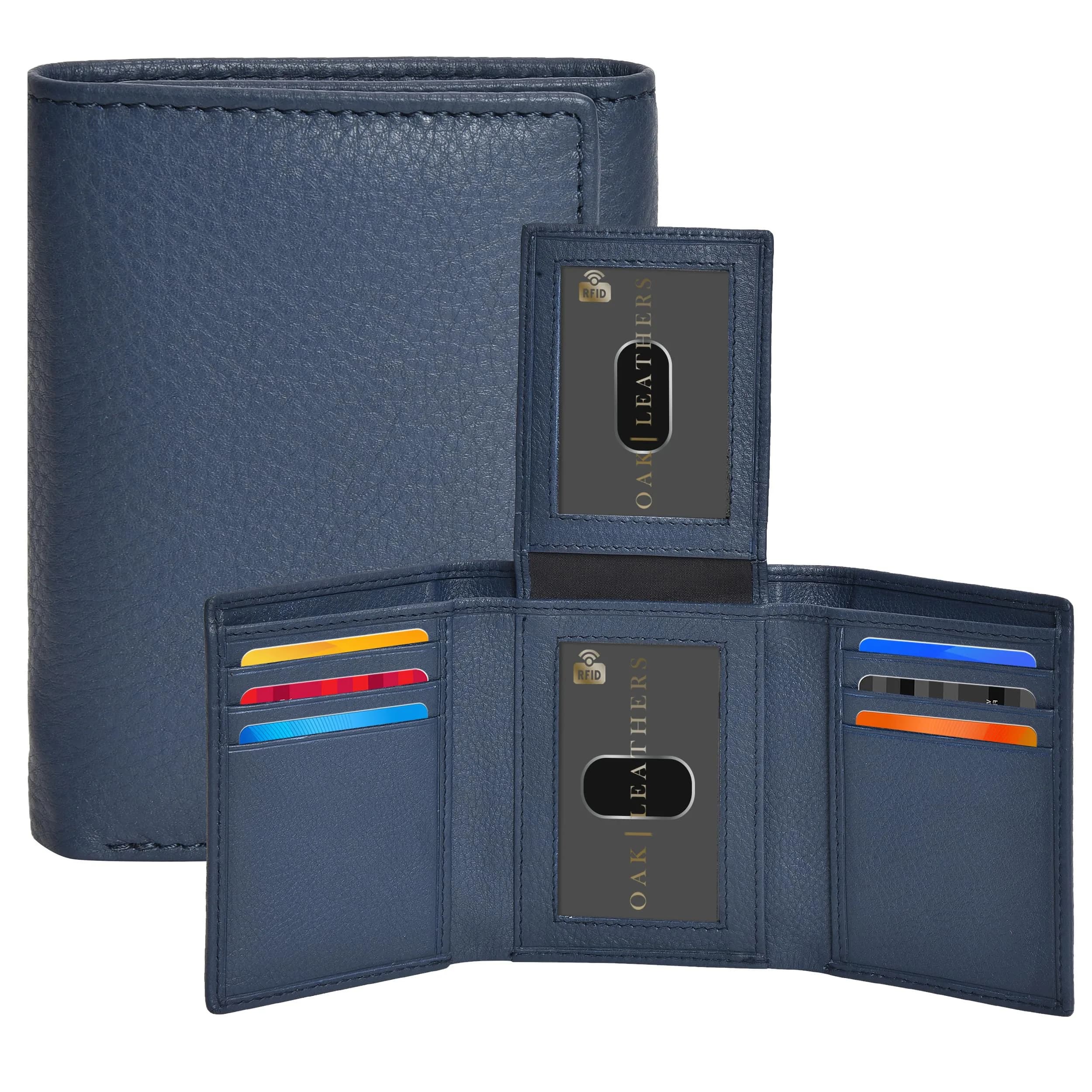 Oak Leathers Trifold Wallet for Men Blue RFID Blocking Slim with ID Window, Gift Box 12.7cm x 13.2cm (5" x 5.2")