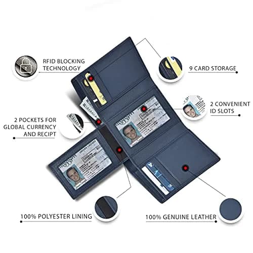 Oak Leathers Trifold Wallet for Men Blue RFID Blocking Slim with ID Window, Gift Box 12.7cm x 13.2cm (5" x 5.2") thumbnail 2