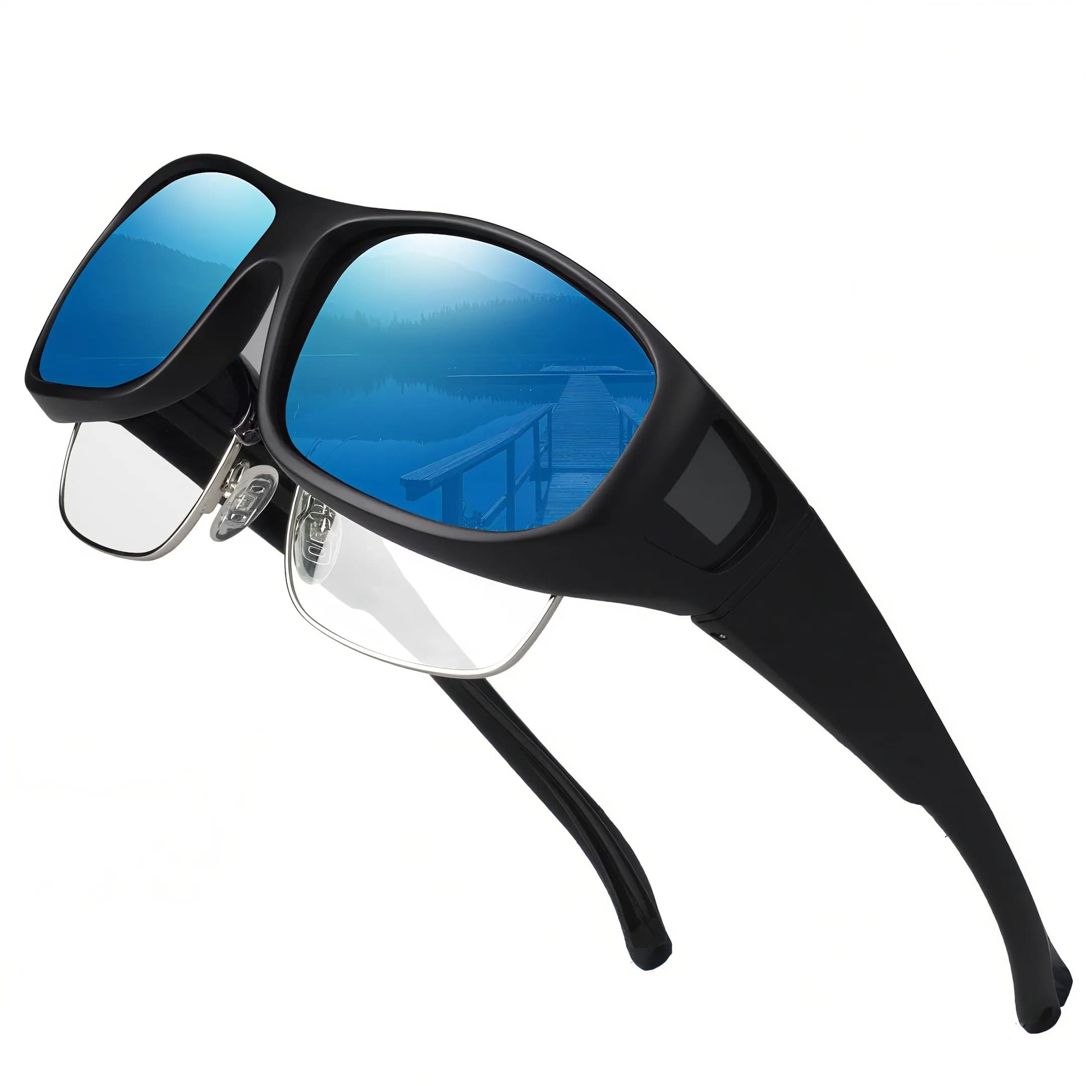 JIANGTUN Fit Over the Glass Sunglasses Size L | Polarized UV 400 Protection, Oversized Black Frame Blue Lens — M Size Black Frame Blue Lens