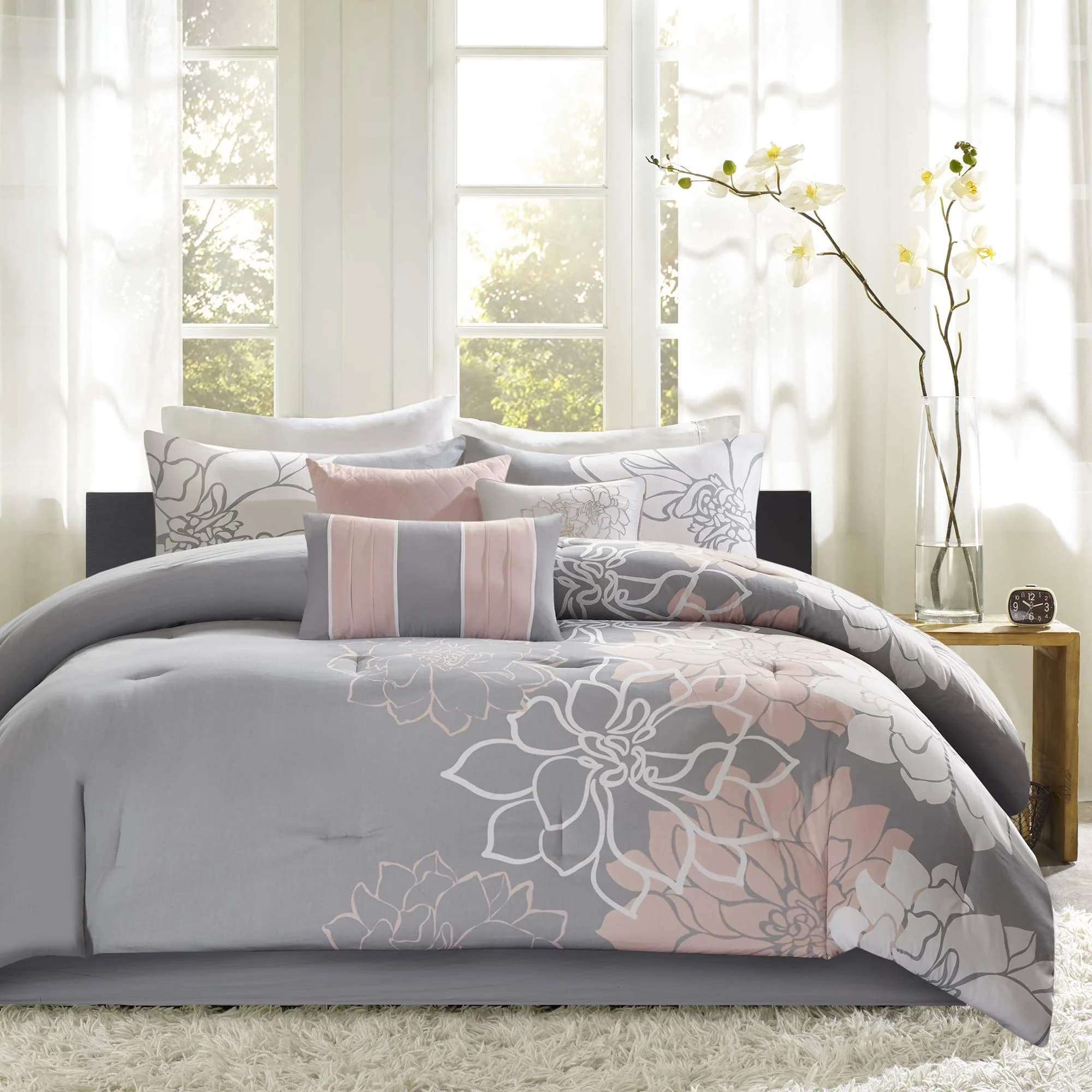 Madison Park Sateen Cotton Comforter Set, 7PC Cal King | Floral Medallion Design, All Season, OEKO-TEX Certified