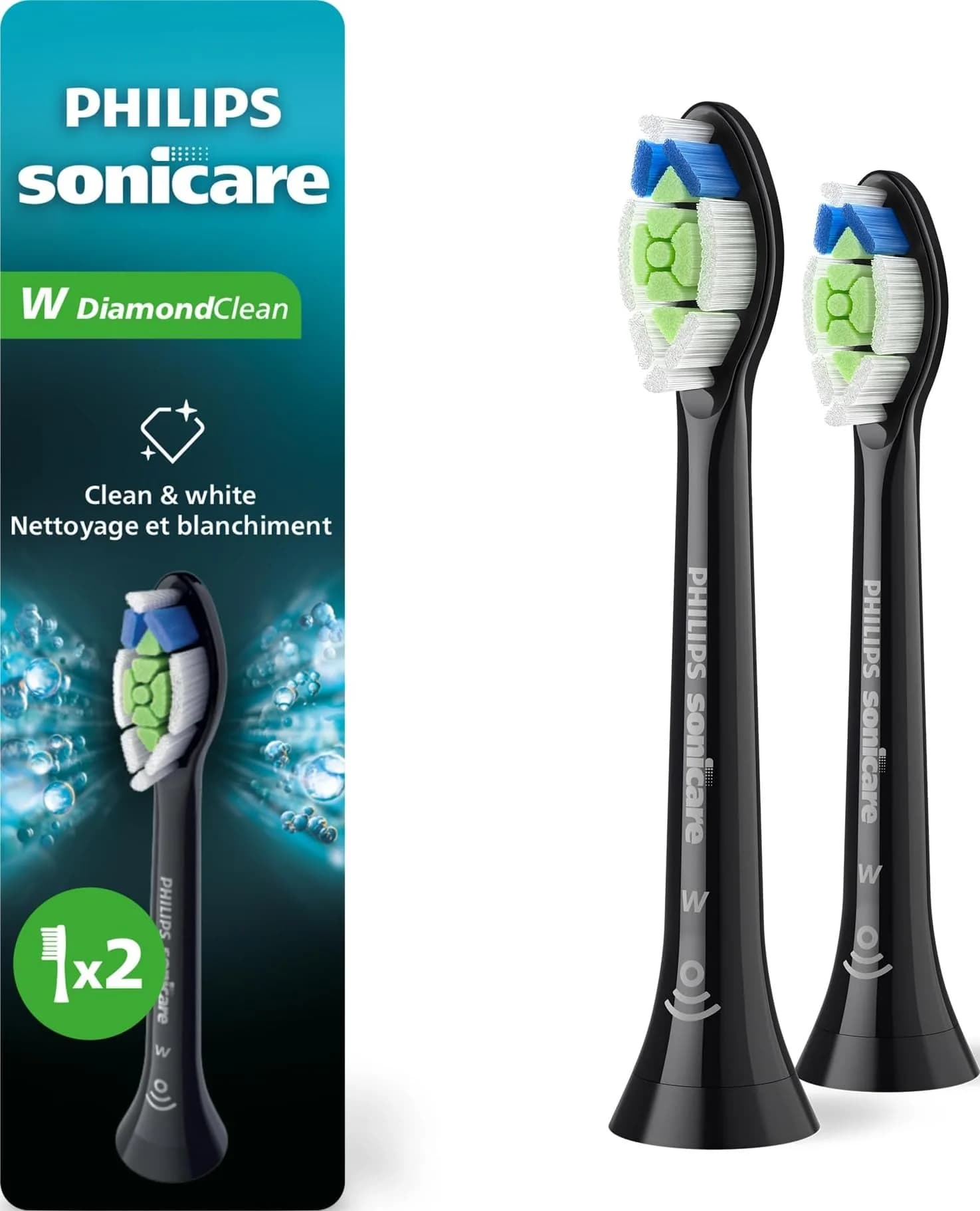 Philips Sonicare W DiamondClean Brush Heads Black 2-Pack (6 Month Supply) | Clinically Tested Whitening & Plaque Removal - main product image
