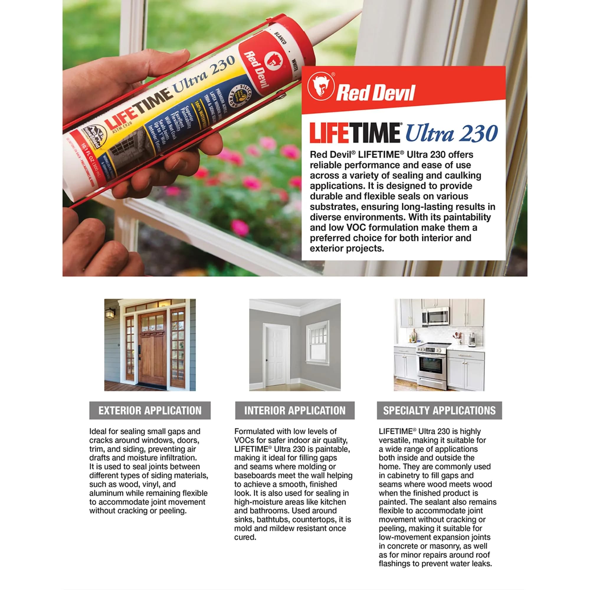 Red Devil Lifetime Ultra Premium Elastomeric Acrylic Latex Sealant Clear 10.1 oz (299 ml) Pack of 12 | Fire Barrier Caulk for Through-Penetration thumbnail 3
