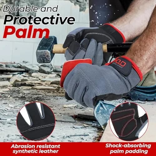 HANDLANDY Men's Work Gloves Touchscreen Synthetic Leather Utility Gloves with Padded Knuckles & Palm (Large, Grey) thumbnail 2