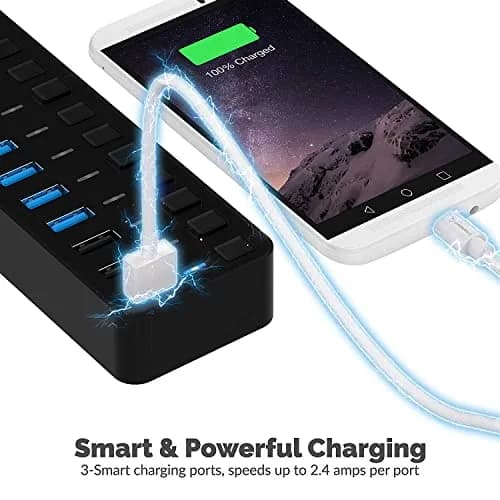 Sabrent 10-Port Powered USB 3.0 Hub with 3 Smart Charging Ports & 60W Adapter | Expands Connectivity for PC, Mac, Linux thumbnail 4