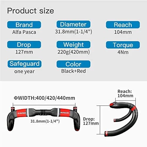 Alfa Pasca Red 3K Matte Carbon Fiber Road Bike Handlebars 31.8 x 400mm Aero Drop Bars thumbnail 2