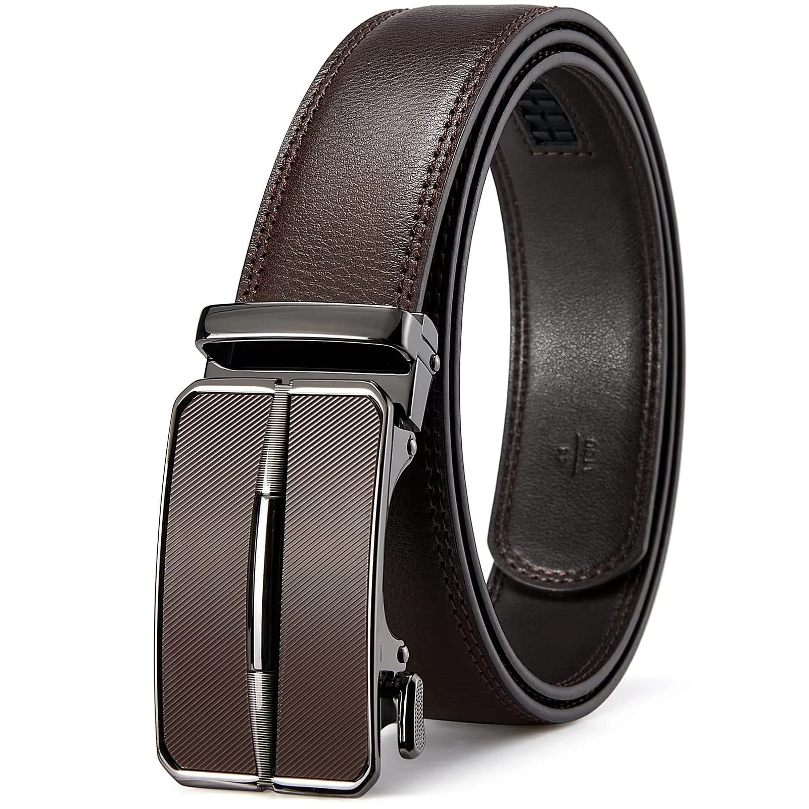 BOSTANTEN Ratchet Mens Belt Leather Trim to Fit 1 3/8" (3.5 cm) Gift Boxed | Adjustable Automatic Buckle for Dress & Casual Wear — 005-coffee