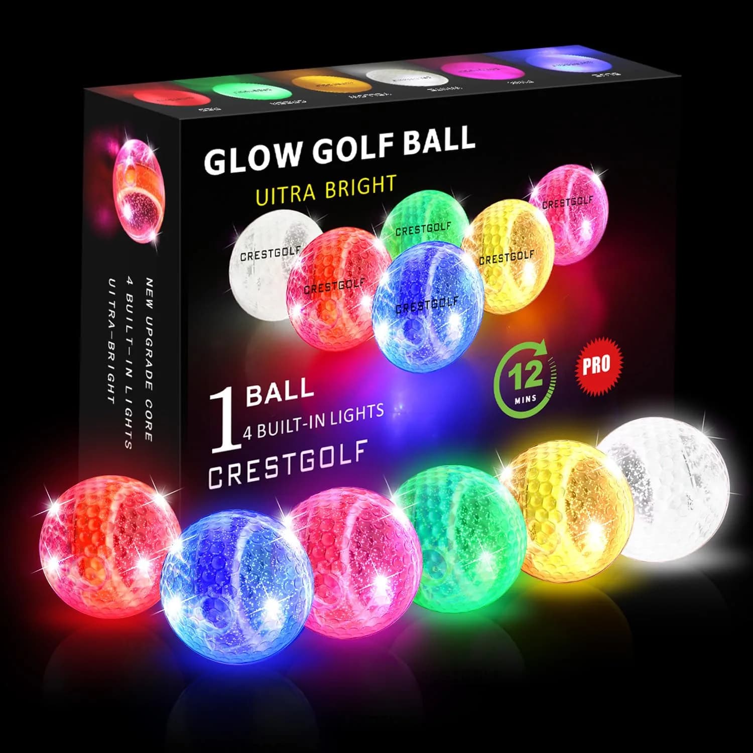 Crestgolf 6 Pack Glow in The Dark Golf Balls Light up Night LED Golf Balls with 12-Minute Reset Timer - main product image