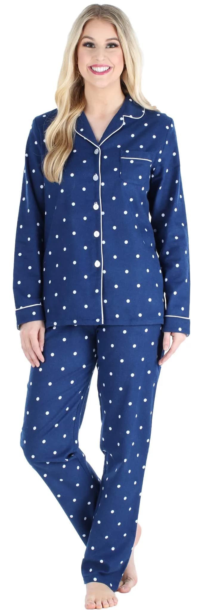 PajamaMania Women's Cotton Flannel Pajama Set, Navy Polka Dot, Medium | Relaxed Fit, Warm & Soft for Indian Nights - main product image